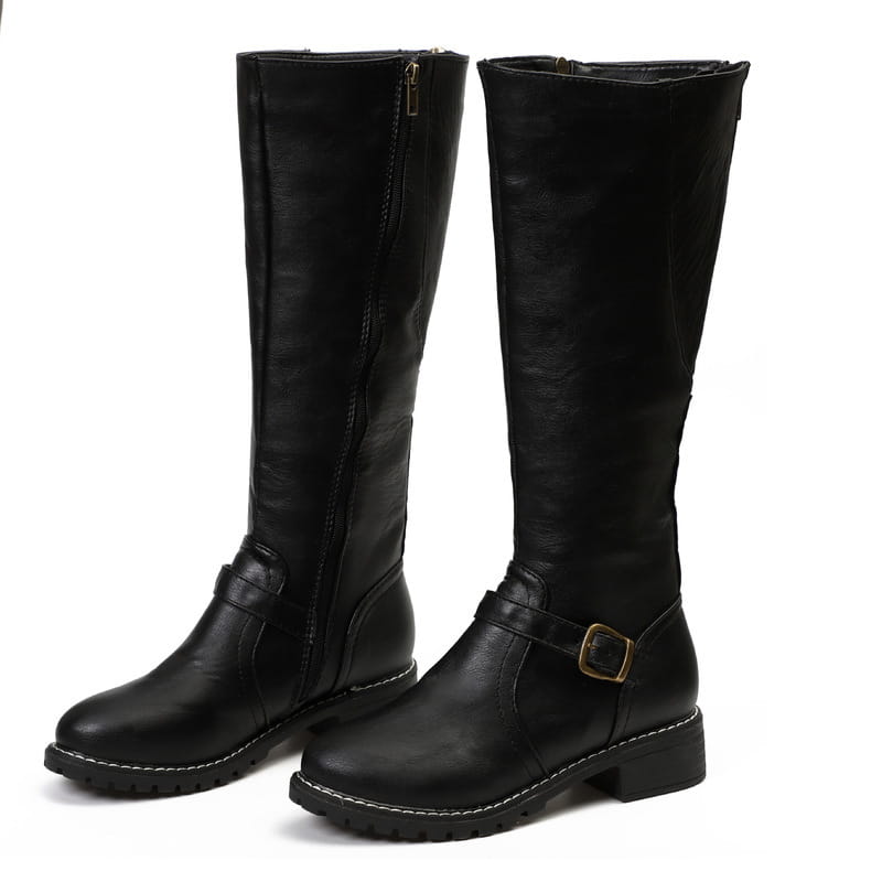 Bottes hautes en cuir noir pour femme, bottes de chevalier chaudes, avec sangle à boucle d’aspect doré et fermeture éclair.