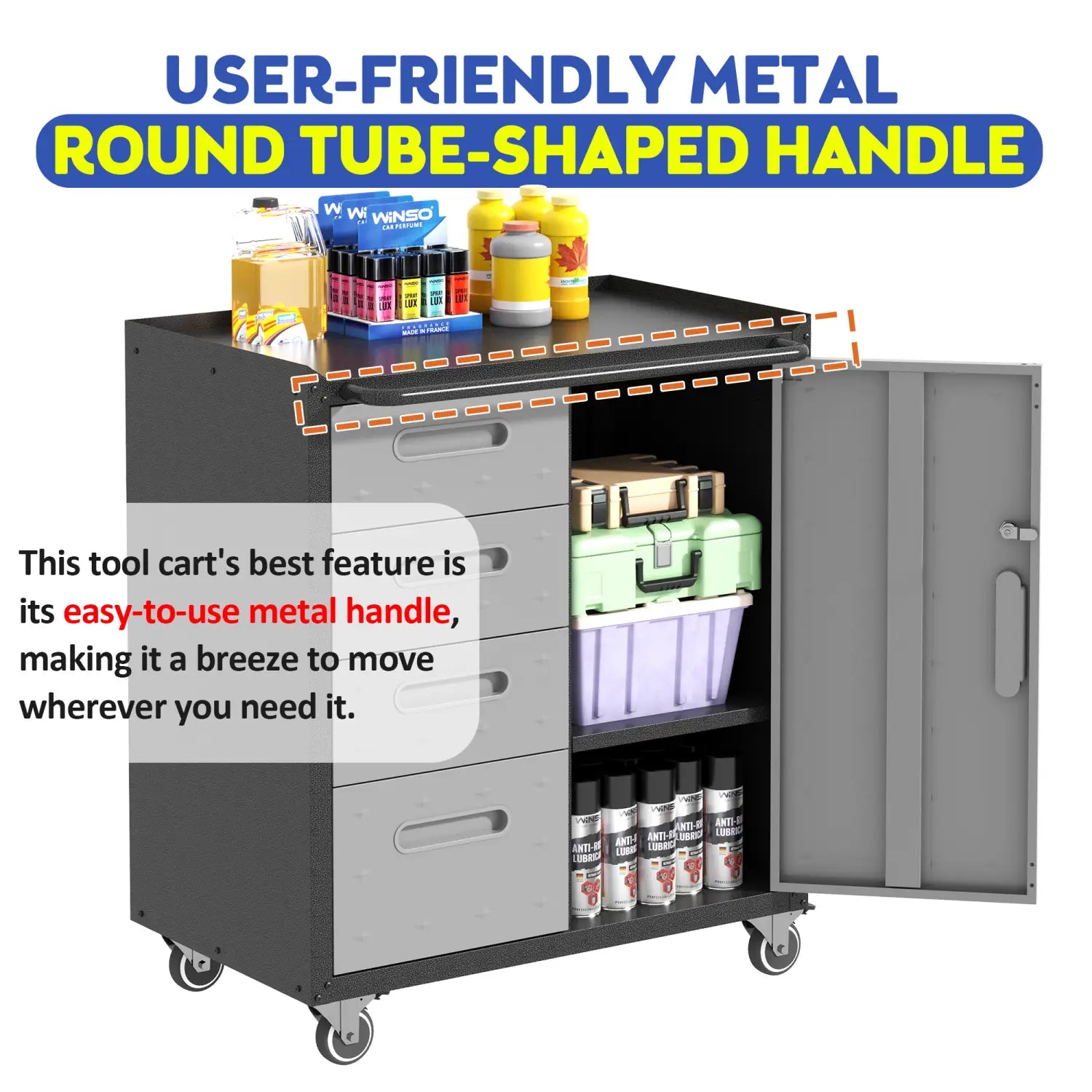Gray metal tool storage cabinet with wheels and four drawers featuring a round tube-shaped handle for easy mobility and organization.
