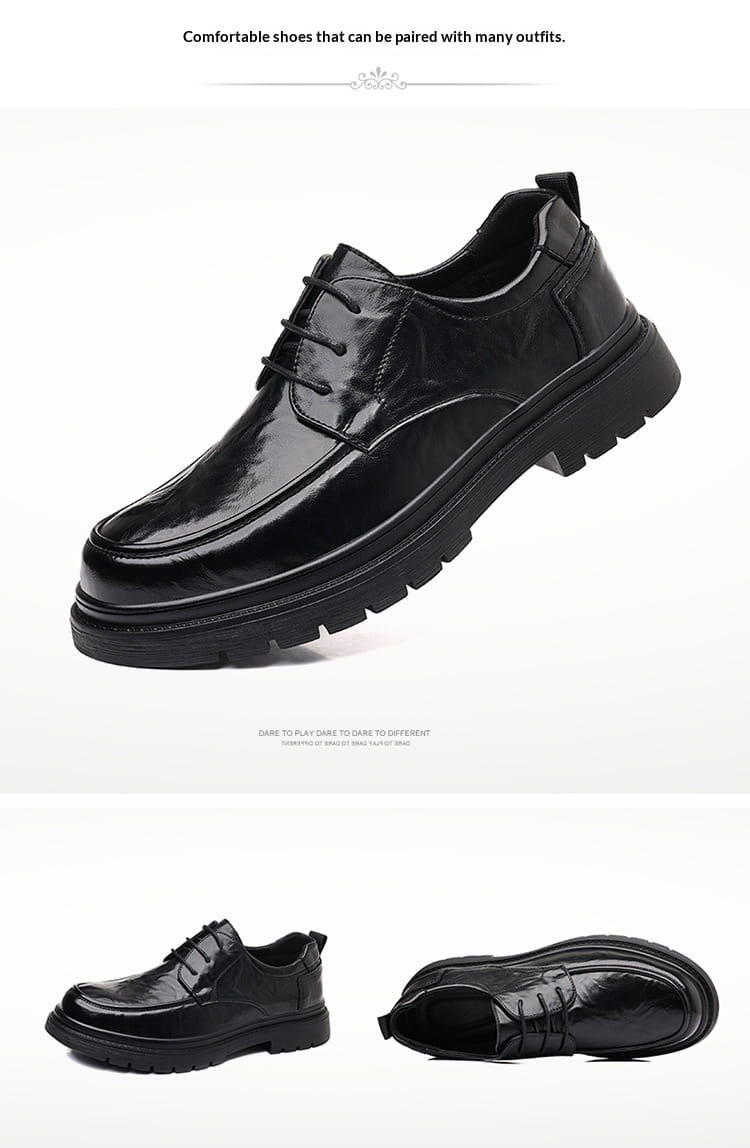 Men’s trendy chunky leather elevating casual shoe in black patent leather with lace-up design and rubber sole.