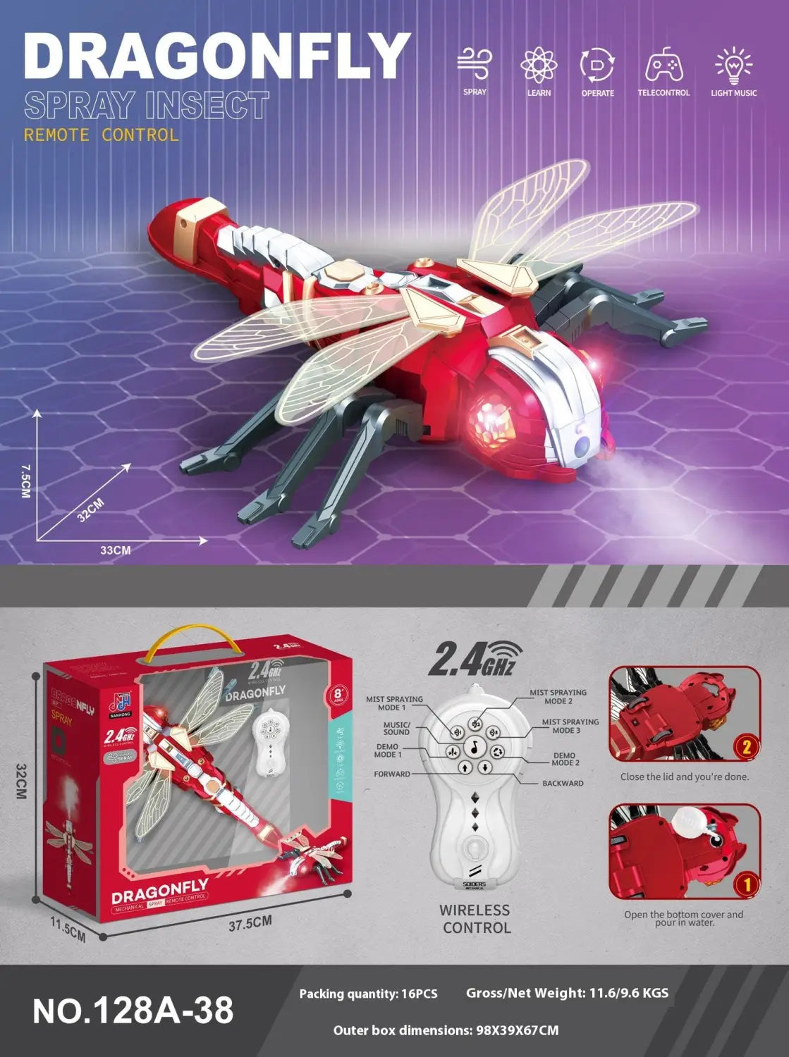 Red and white remote control spray dragonfly centipede toy with translucent wings and led lights.