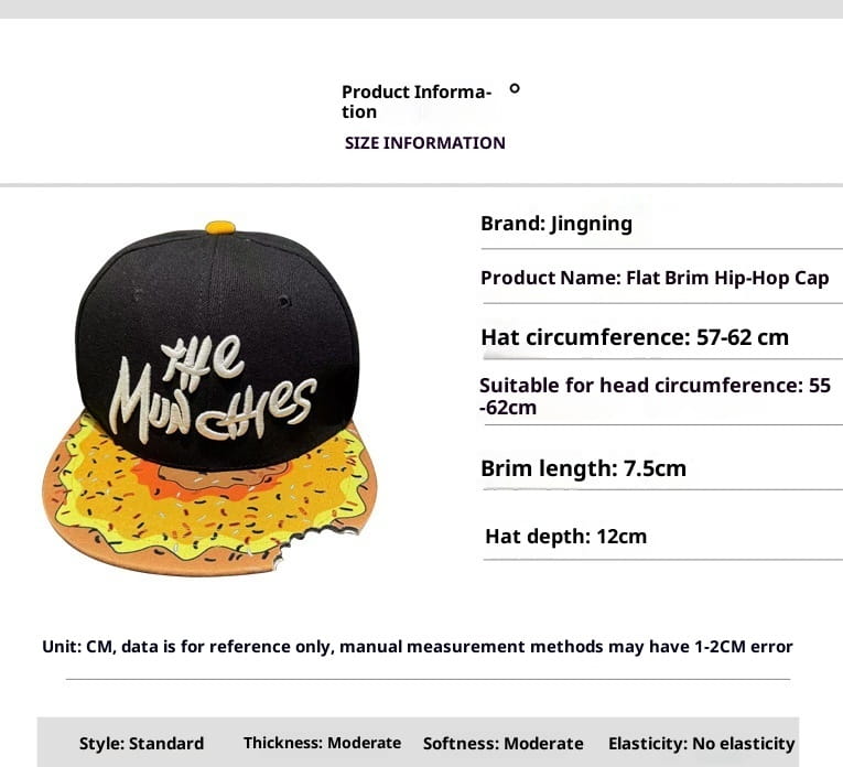The Munchies embroidered flat brim snapback cap is a black hip-hop style cap featuring a white embroidered logo and a yellow-orange burger-shaped visor trim.