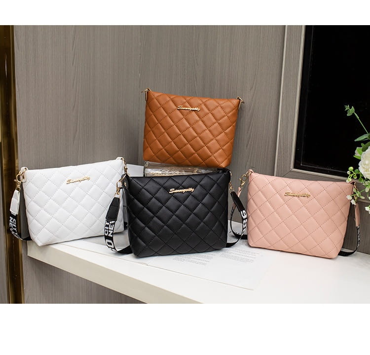 quilted chain messenger bags in white black tan and blush pink with gold-tone branding and striped crossbody strap displayed side by side