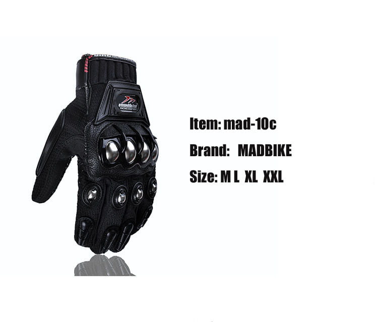 Back side of black madbike mad-10c alloy knuckle motorcycle riding gloves unisex with reinforced knuckle protection and metallic silver accents.