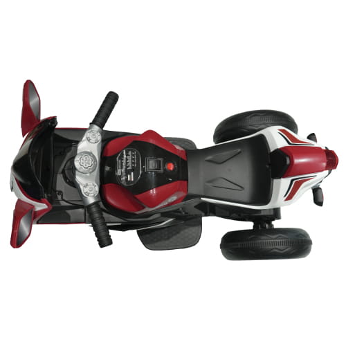 A red and black 6v kids electric ride on motorcycle with white accents designed for children’s outdoor use.