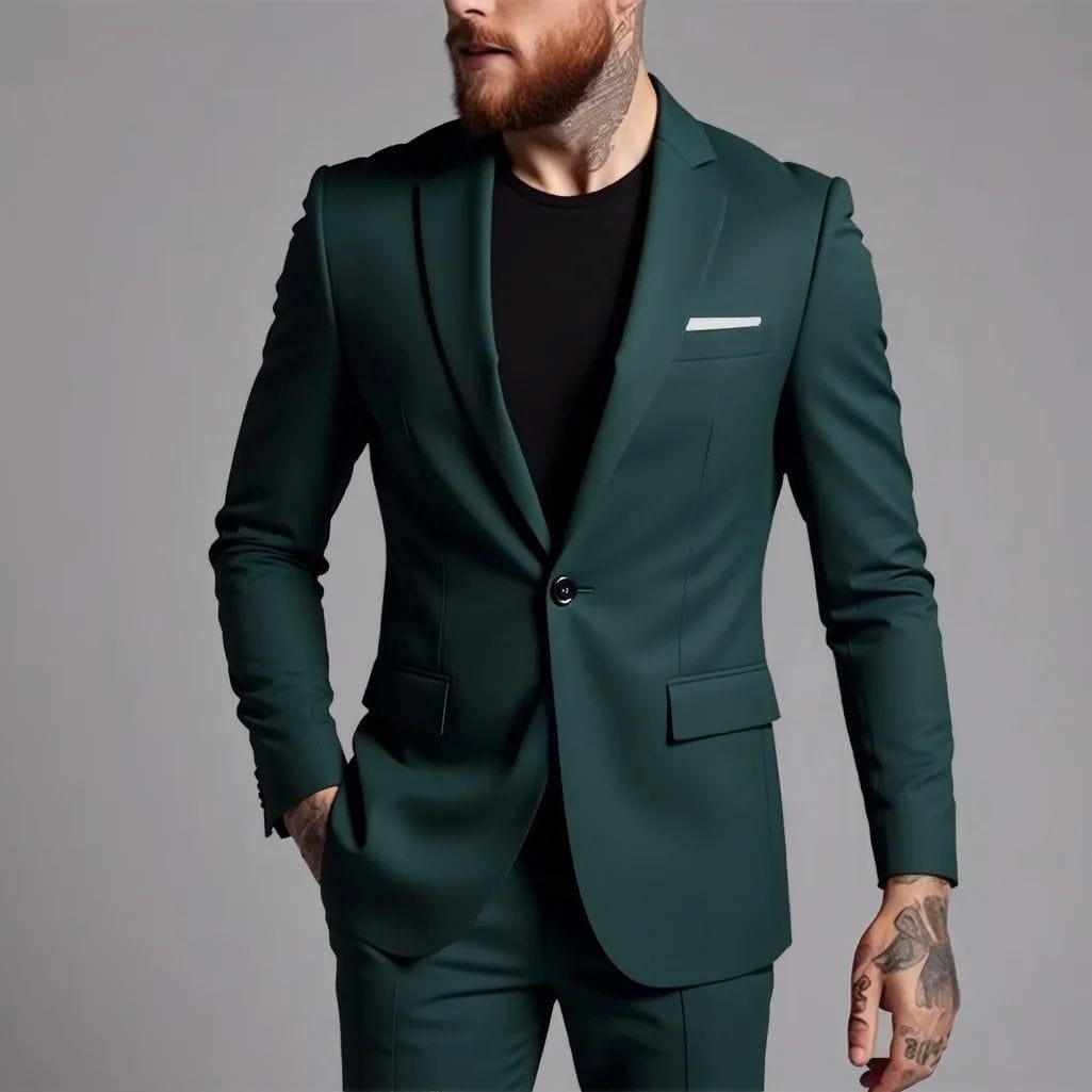 Dark green men slim fit satin suit two piece featuring a tailored jacket with single button closure and matching trousers.