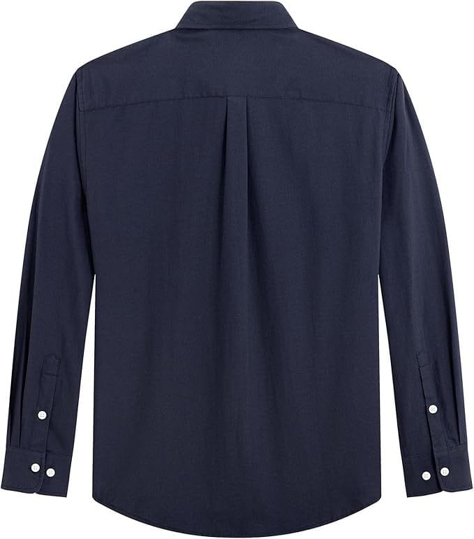 Navy blue men’s long sleeve Oxford button down shirt with a pleated back and white buttoned cuffs shown from the back.