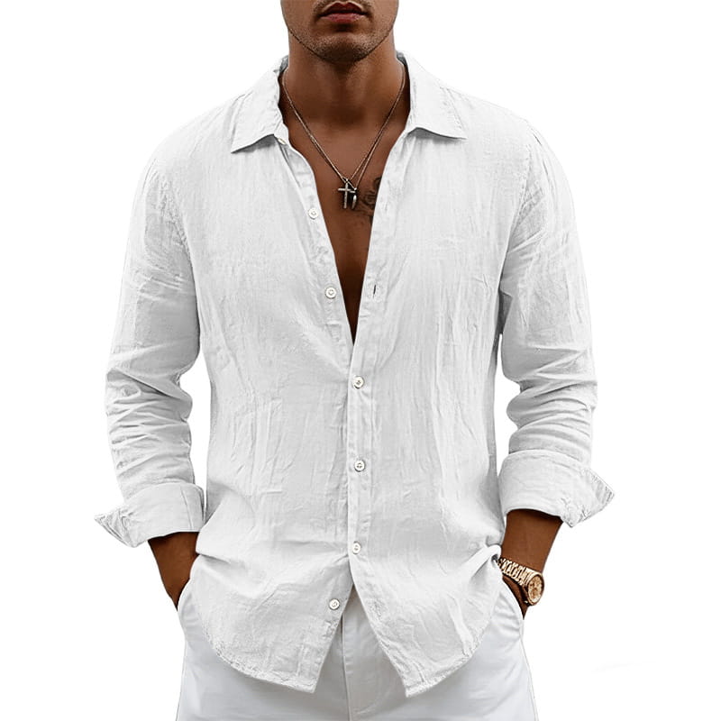 Men’s slim fit linen blend long sleeve casual shirt in white with a relaxed slightly wrinkled texture and rolled cuffs.