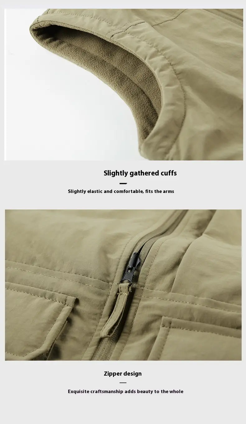 Men fleece cargo vest in khaki color featuring quilted design with slightly gathered elastic cuffs and a zipper closure ideal for reversible outdoor outerwear.