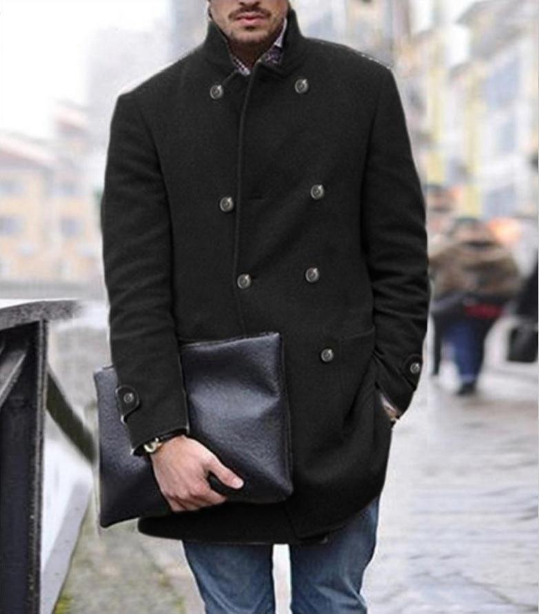 black leather clutch with silver-toned hardware and minimalist design shown with men woolen double breasted mid length coat