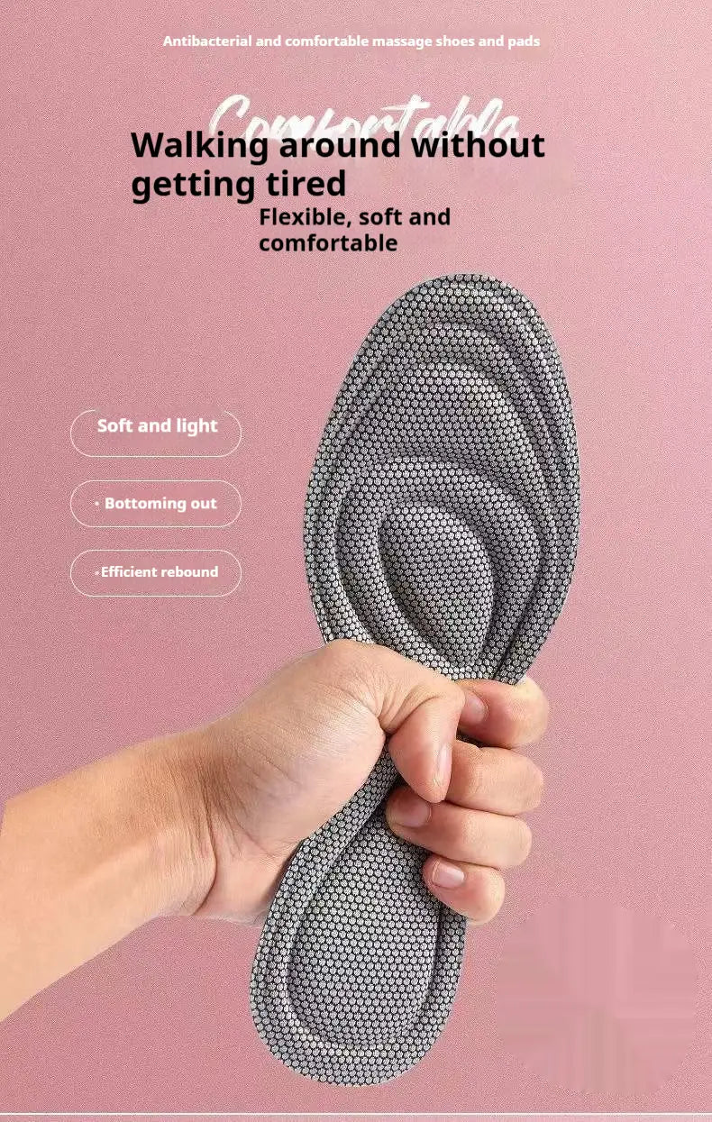 Gray mesh antibacterial massage insole with contoured design for shock absorbing arch support and enhanced comfort.