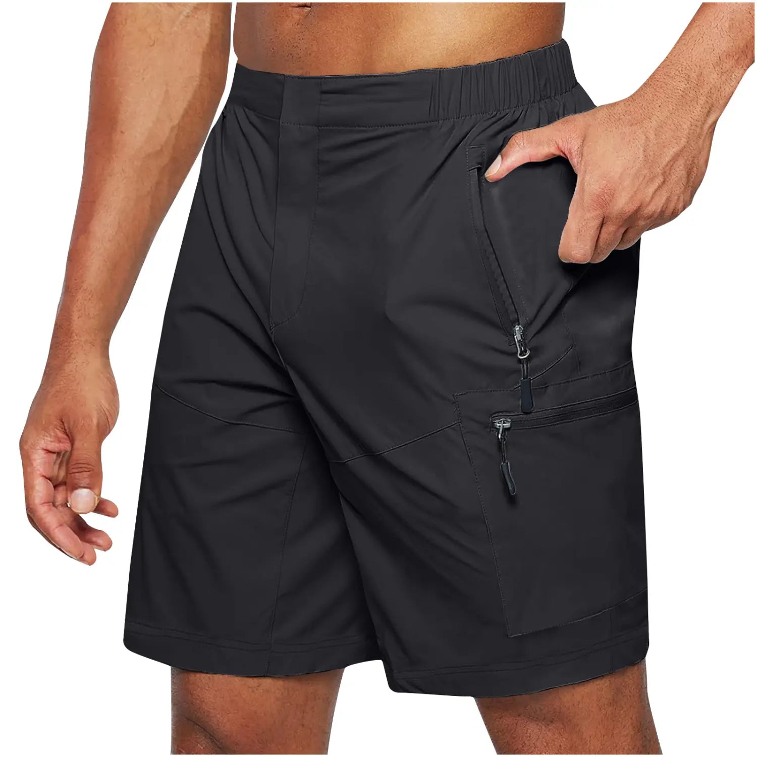 Short cargo athlétique pour hommes à jambe droite couleur noir, avec plusieurs poches zippées et une ceinture élastique pour un maintien sûr.