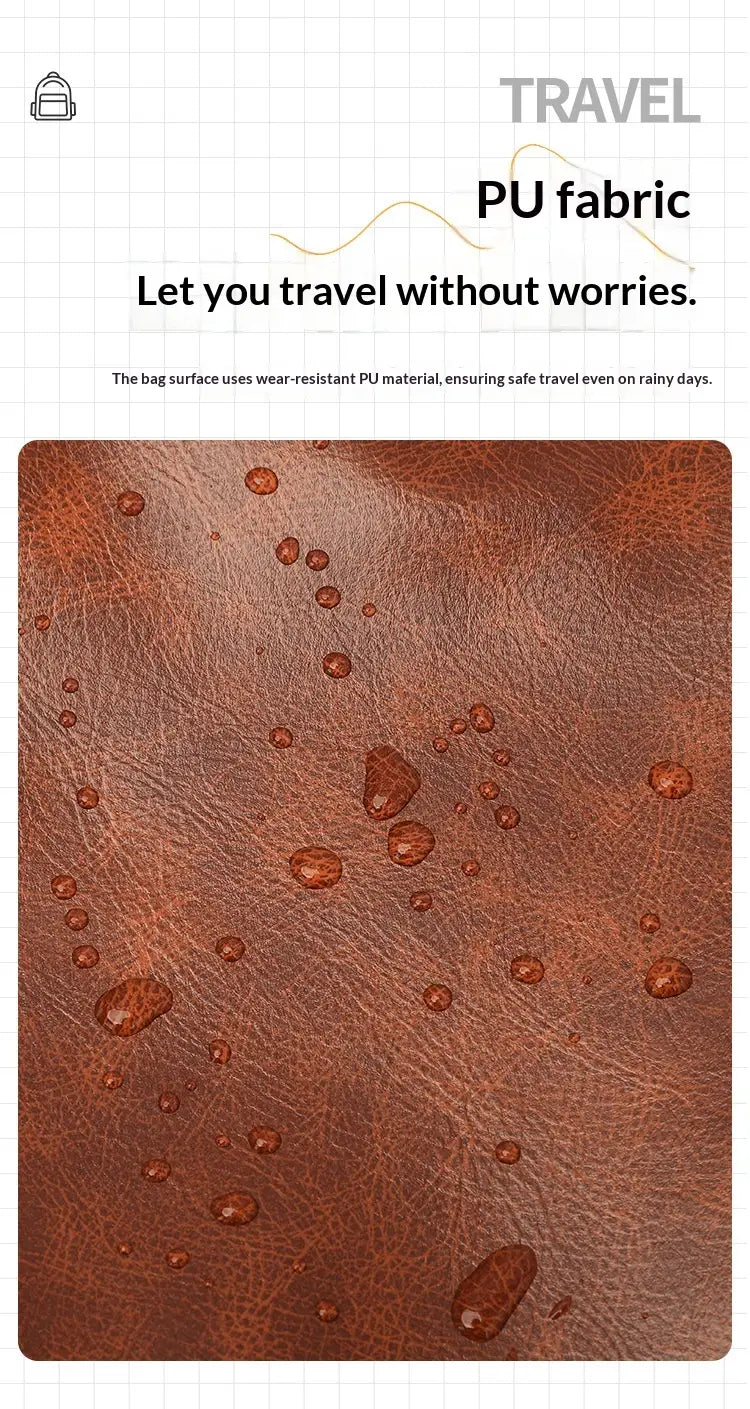 brown pu fabric faux leather women’s large capacity commuter backpack surface with textured finish and water droplets