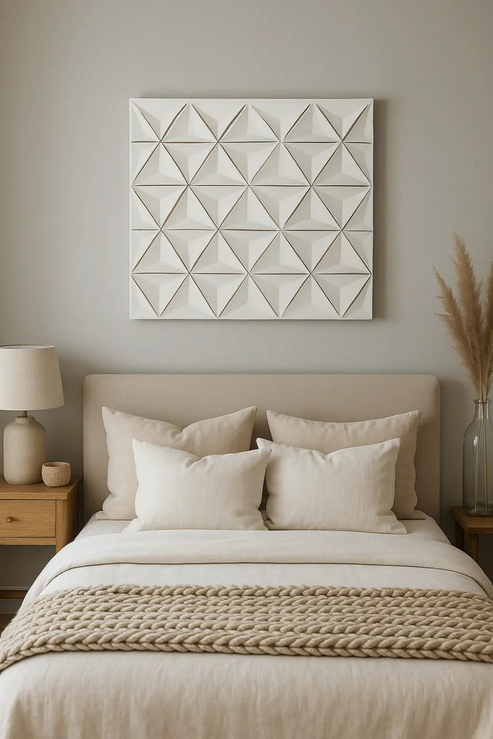 Arte mural geométrico blanco, panel de MDF artesanal de 16x16 con un patrón triangular tridimensional