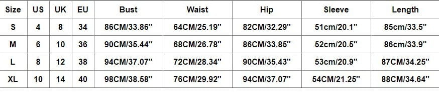 A size chart for a black sequin tassel sleeve mini dress displays US UK and EU sizes with bust waist hip sleeve and length measurements for women’s clothing.