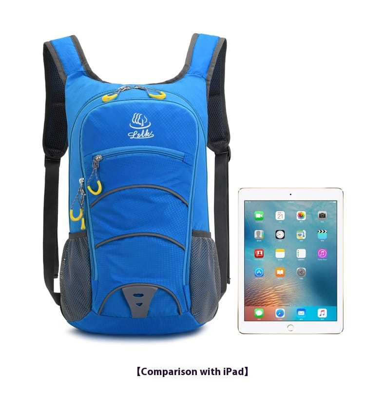 Bright blue and black lekki hydration backpack with yellow zipper pulls featuring a lightweight and sleek design for outdoor cycling.