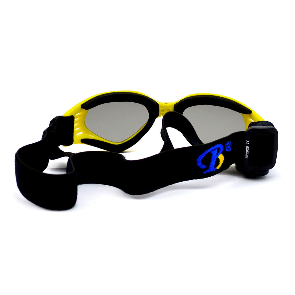 Yellow and black dog goggles with gray lenses designed for uv protection sunglasses.