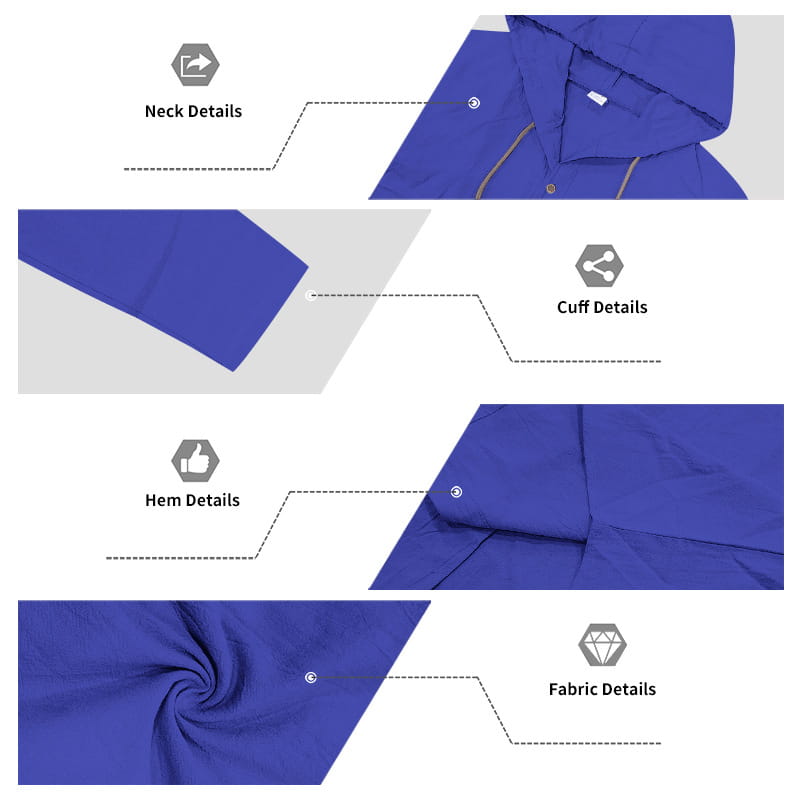 Men linen hooded cardigan shirt in royal blue with smooth lightweight fabric and subtle gray zipper trim.