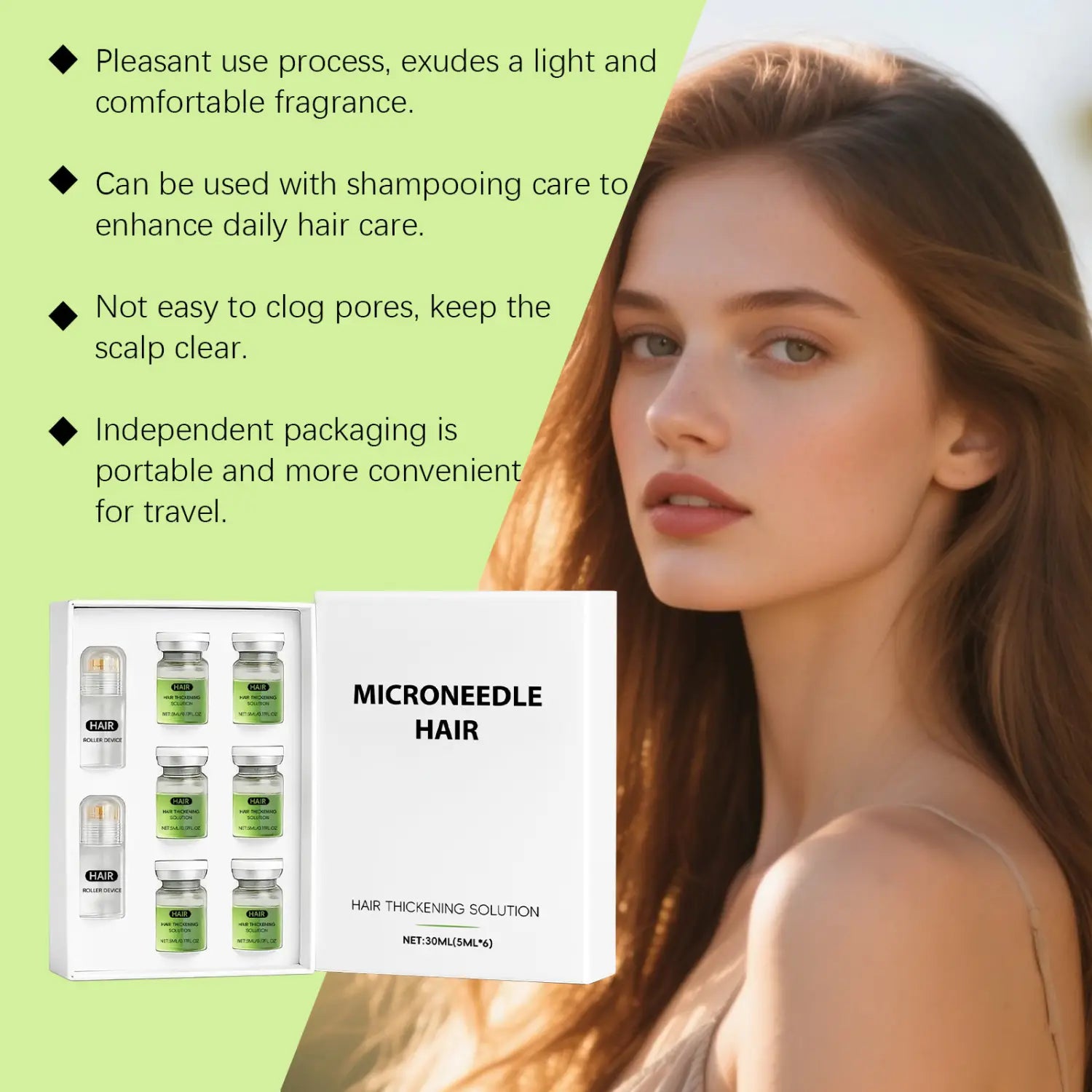 white rectangular box containing six small glass vials of microneedle hair thickening solution in the Microneedle Hair Thickening Solution Roller Kit
