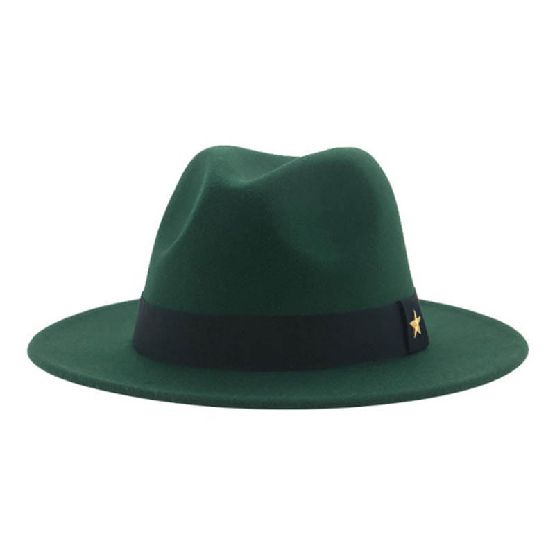 Deep green wool felt fedora hat with a black ribbon band and a small gold star accent.