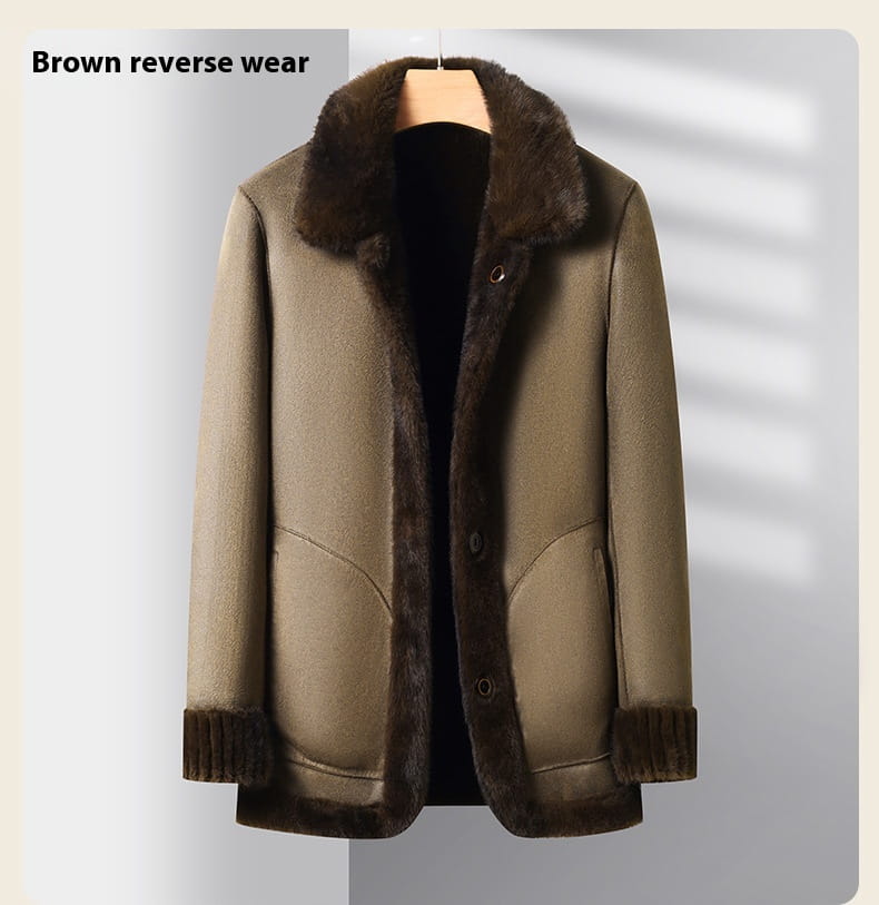 Brown reversible shearling coat for men with plush dark fur lining and cuffs ideal for winter wear.
