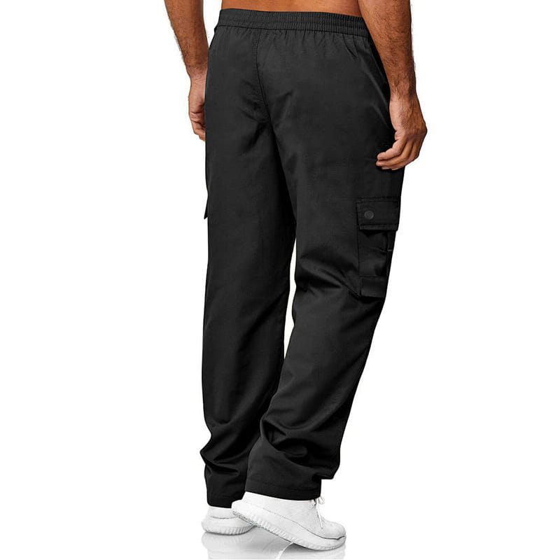 Mens straight leg cargo work pants in black featuring an elastic waistband and multiple functional pockets for durability and convenience.