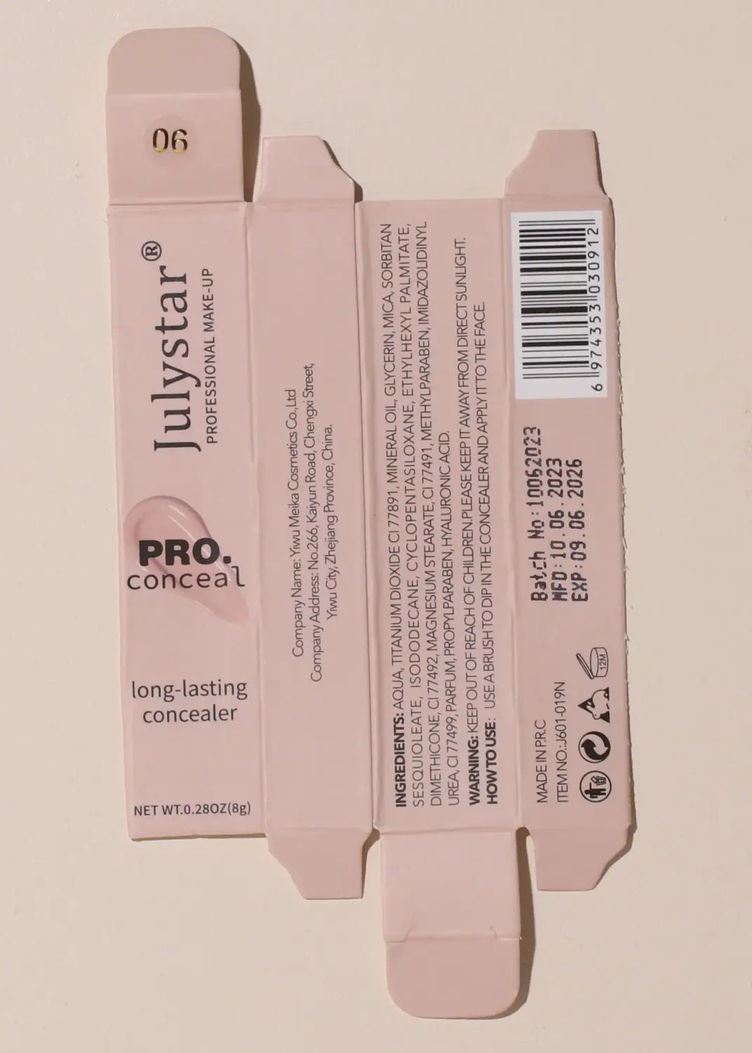 A pale pink rectangular box for julystar pro tattoo concealer traceless pro liquid makeup.