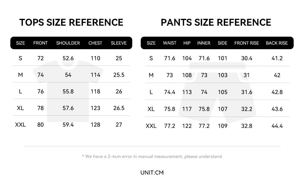 Size reference chart in centimeters for men short sleeve casual suit set tops and pants displaying measurements by size from S to XXL.