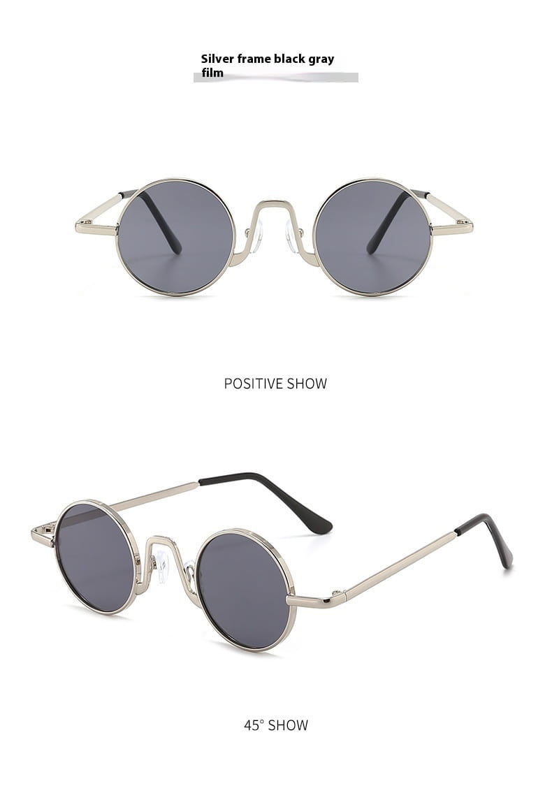 Silver-framed retro round hip hop sunglasses with black gray tinted mirrored lenses and sleek minimalist design.