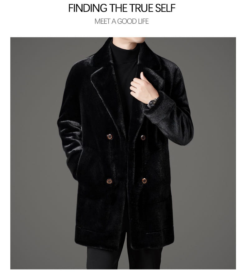 black men’s shearling double breasted winter coat featuring a fur texture and gold toned buttons