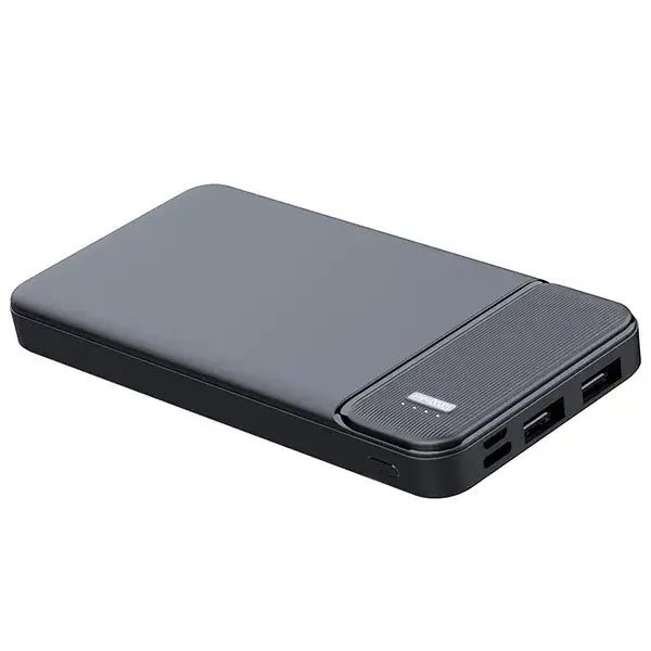 Batterie externe rectangulaire noire de 20000 mAh avec charge rapide, finition mate et panneau latéral texturé, avec double ports USB.