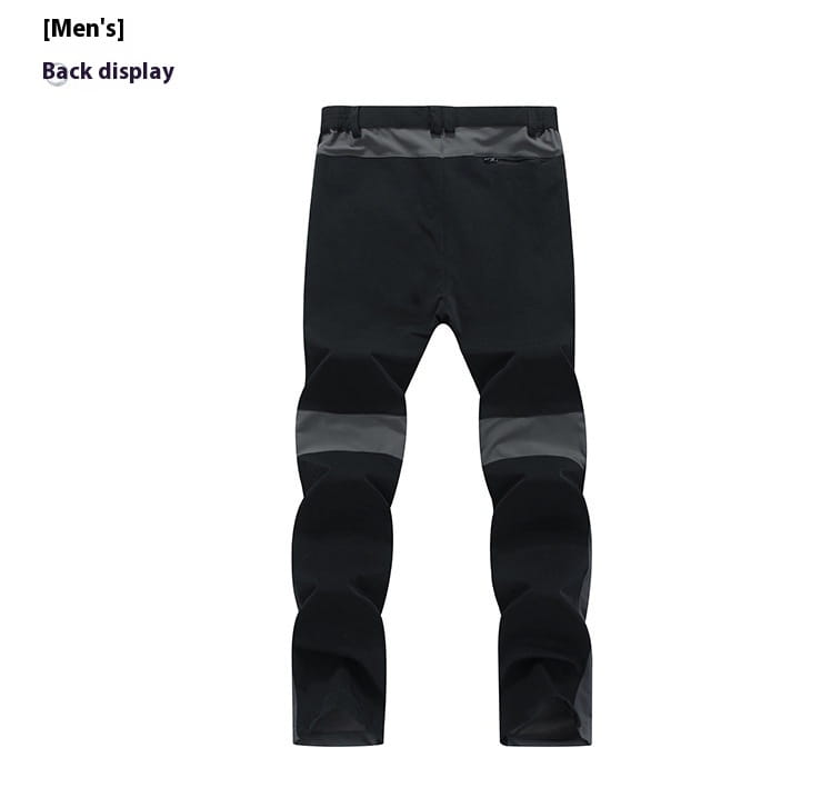 men’s waterproof tactical hiking pants in black with reflective gray stripes on the waistband and lower legs designed for outdoor activities