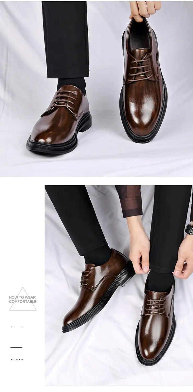 Chaussures de ville habillées Oxford en cuir pour homme, marron, avec un design à lacets et des semelles en caoutchouc noir, adaptées aux mariages.
