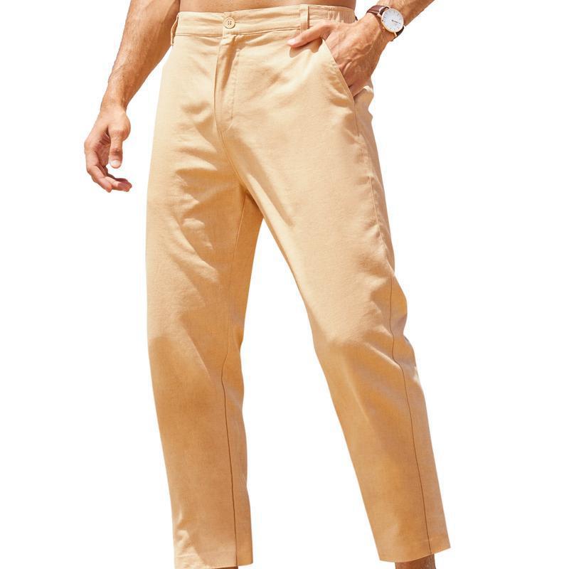 Beige Herren-Cotton-Linen-Freizeit-Hosen mit hohem Stretchanteil mit einer klaren geraden Beinlinie und dezenten Nähten.