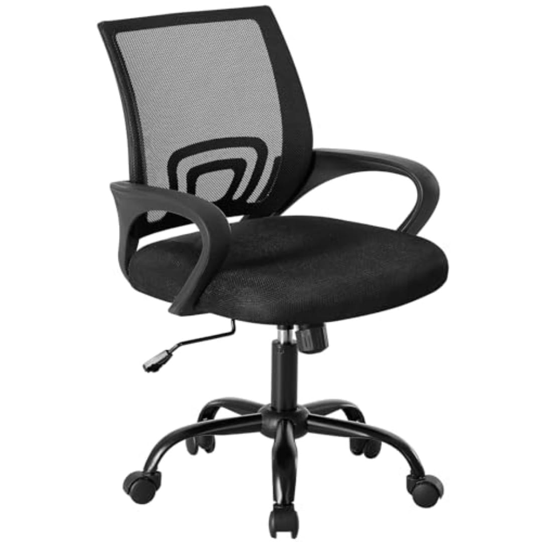 Ergonomic black mesh office chair with lumbar support, padded seat, armrests, and a five-star base with casters.
