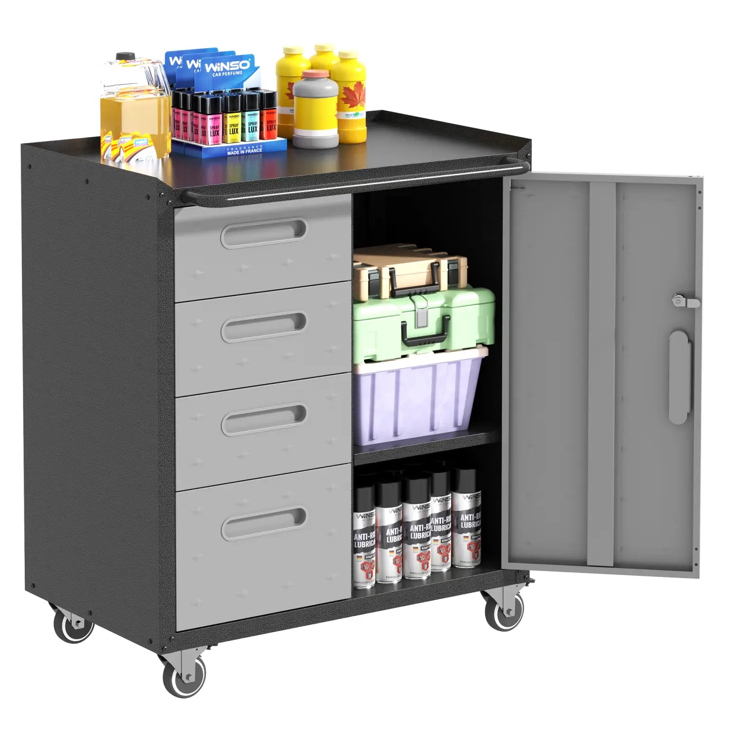 Gray metal tool storage cabinet with wheels featuring four drawers and an open side door revealing tool and container storage compartments.