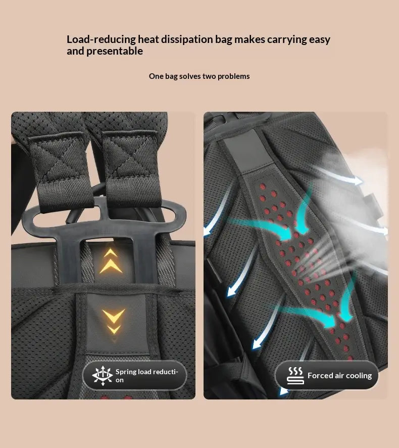 black mesh roll top business backpack showing back side with padded shoulder straps and ventilation holes for cooling water resistant 25l capacity