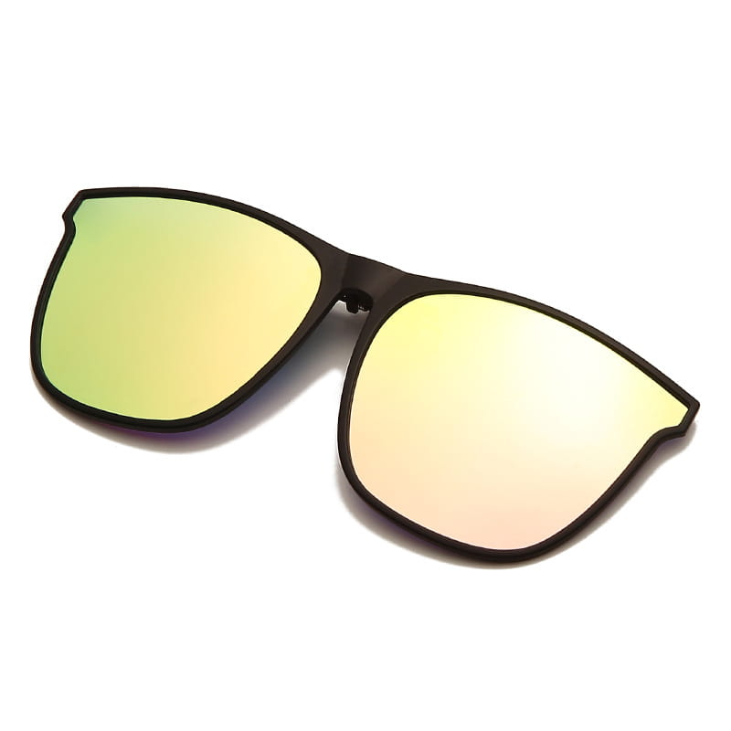 Black-framed polarized gradient photochromic magnetic clip on sunglasses with green to yellow mirrored lenses.