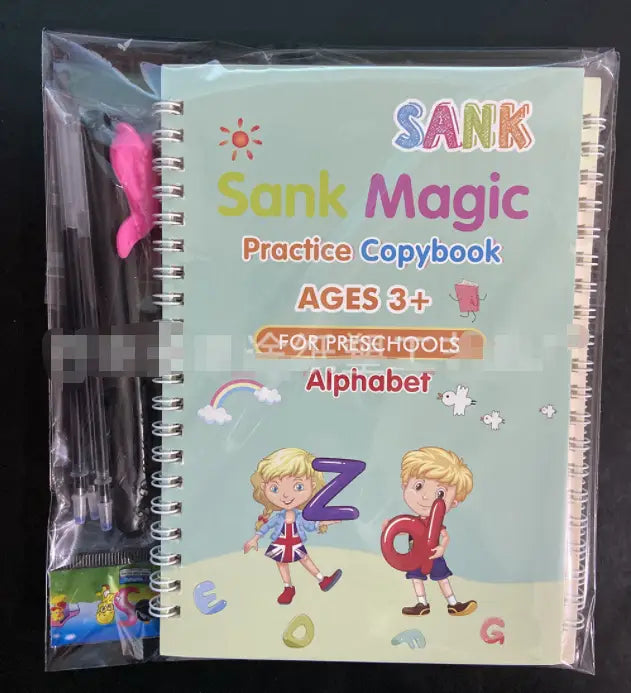Sank magic practice copybook for kids preschoolers features a light blue spiral-bound cover with colorful cartoon characters and alphabet letters.