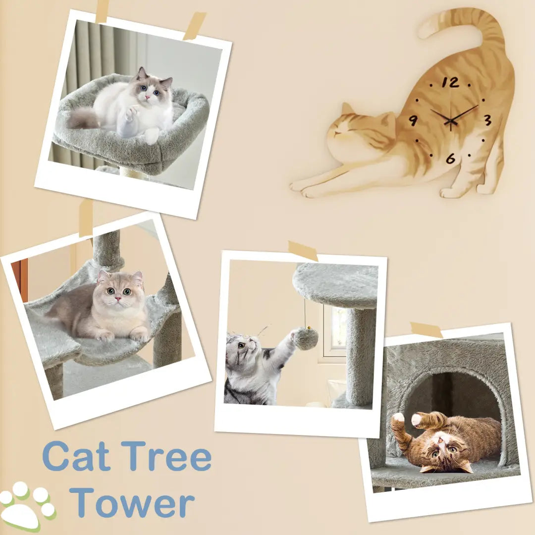 A beige cat-shaped wall clock with black numerals and hands displayed alongside a 44 inch multi-level cat tree tower with sisal posts.