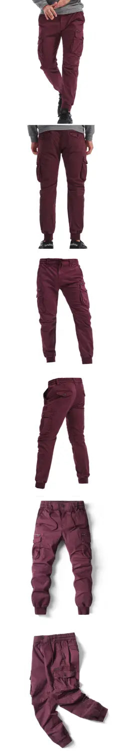 Men’s slim fit maroon cotton cargo work pants with multiple pockets and elastic cuffs are shown from the back side.