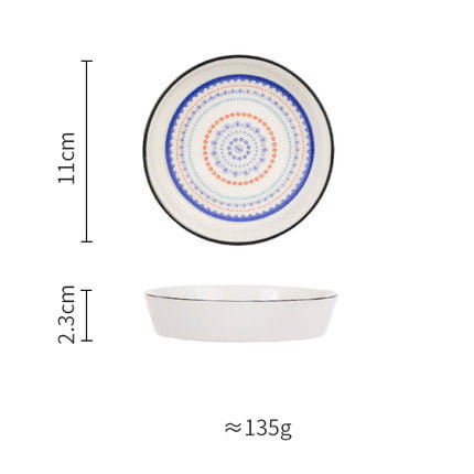 White ceramic floral bone china round serving plate featuring a decorative blue and orange concentric circle pattern around the rim.