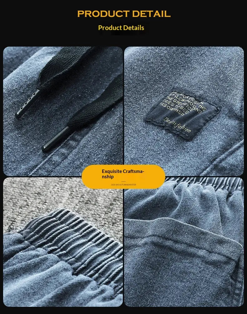 Men’s relaxed fit denim joggers in dark blue with black drawstrings and a woven label patch.