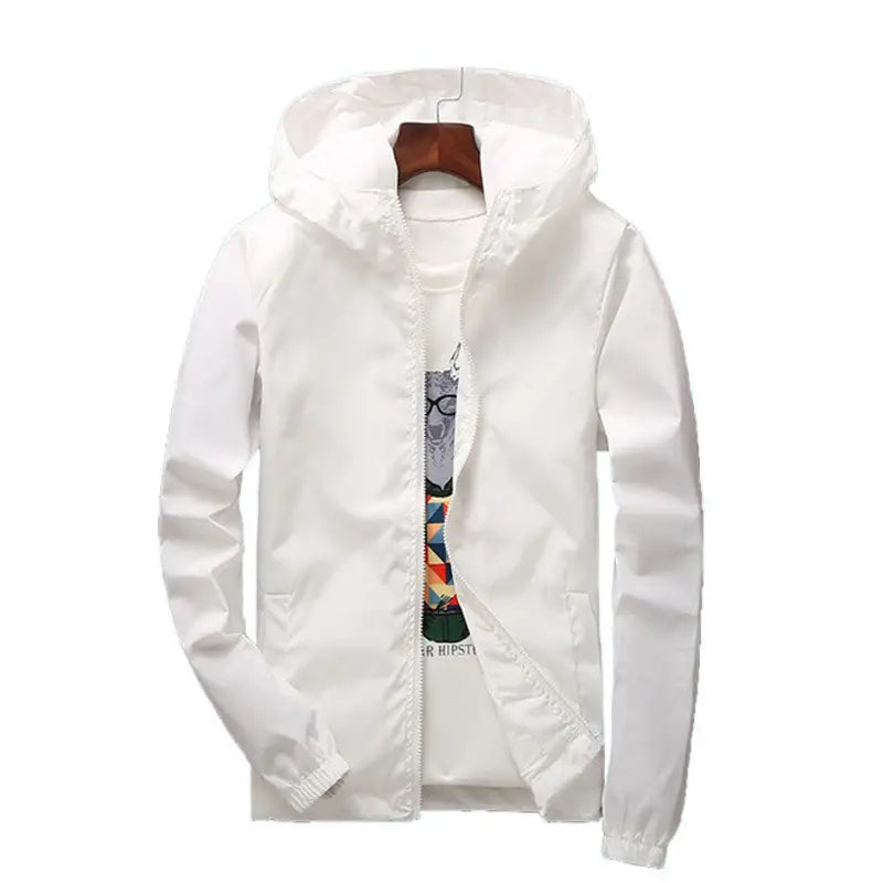 White hooded zipper jacket for men and women with elastic cuffs displayed on a wooden hanger.