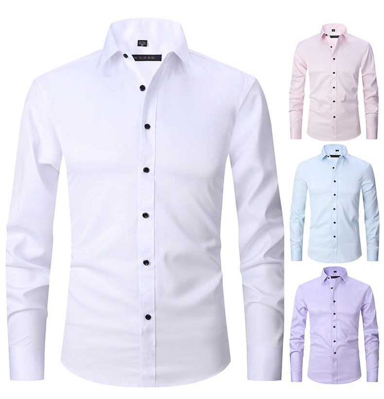 Herrenhemd mit langem Ärmel, Slim Fit, in Weiß mit schwarzen Knöpfen und einem markanten Kragen, geeignet für formelle Anlässe.