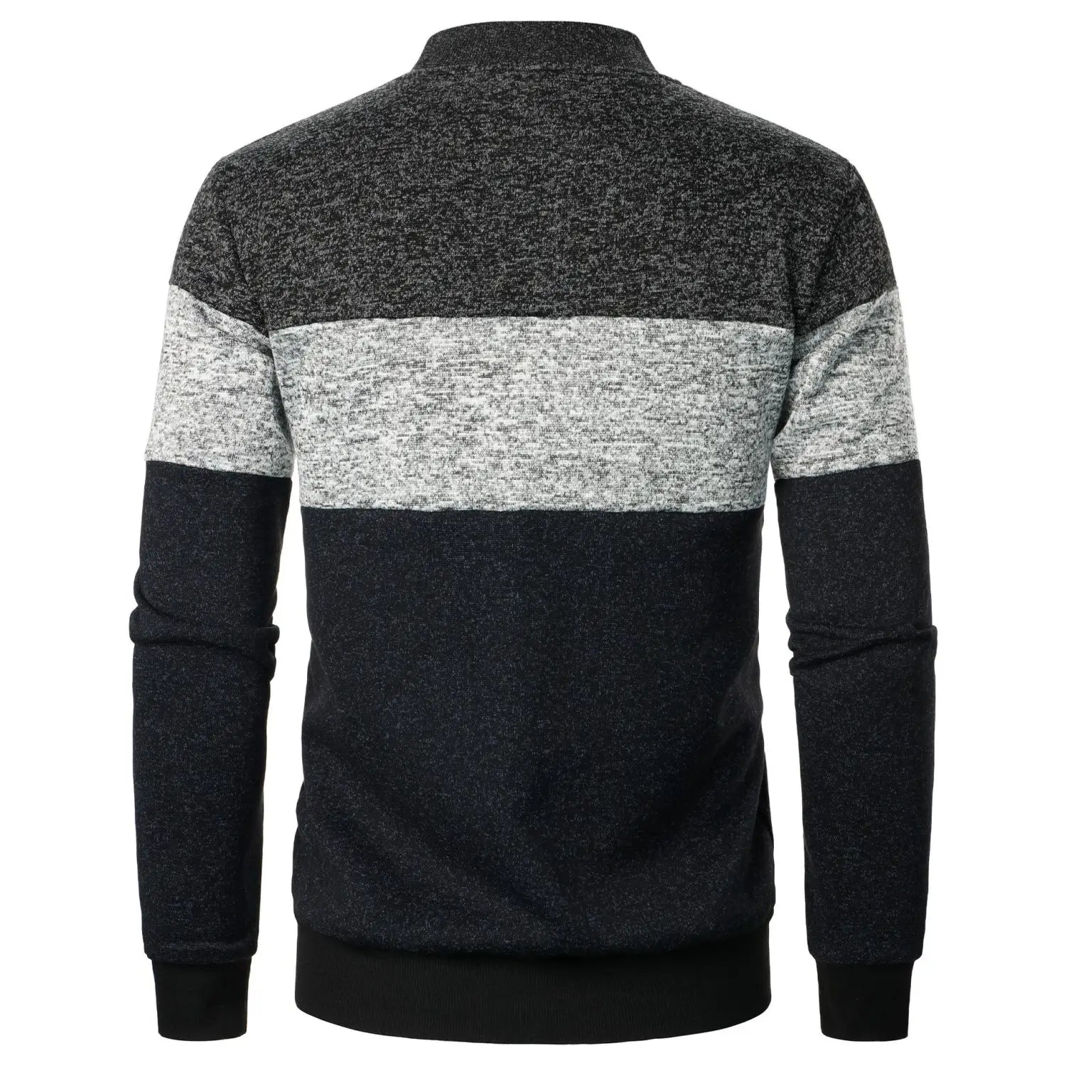 A men’s long-sleeved colorblock knit bomber jacket featuring a marled black, gray, and dark navy design with ribbed collar and cuffs.