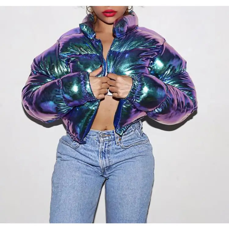 Glossy puffer jacket short cotton padded for women in iridescent purple and teal with a shiny reflective finish for warmth.