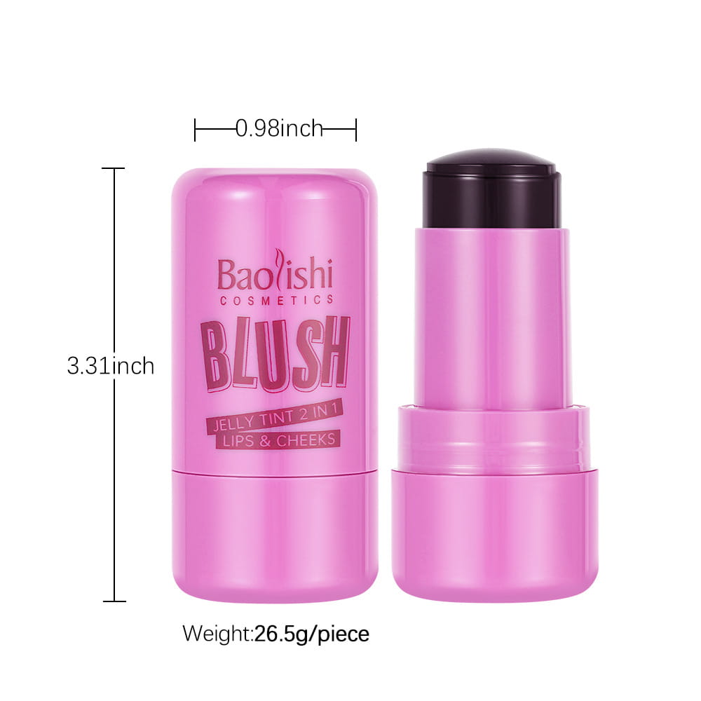 Pink Baoishi cosmetics jelly blush stick shimmer lip and cheek tint 26.5g features a 2-in-1 jelly tint for lips and cheeks.