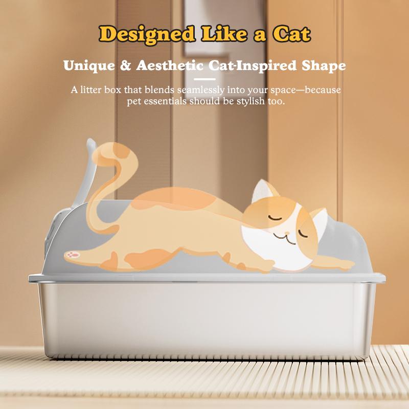 Caja para arena de gato grande de acero inoxidable con un diseño moderno y elegante con forma de gato, con tonos gris suave y naranja cálido.