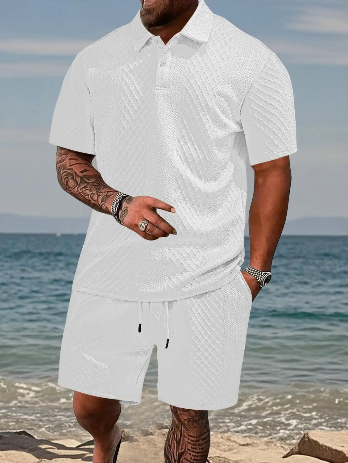 Men textured short sleeve polo shirt in white featuring a subtle diagonal weave pattern and a soft textured fabric suitable for casual and formal wear.