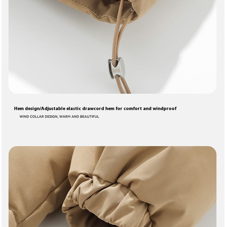 Beige Damen-Kapuzensteppjacke mit wattierter Polsterung mit Windkragen und verstellbarem elastischem Kordelzug am Saum.